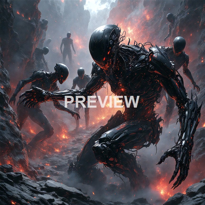 A group of humanoid figures with dark, metallic, and fiery exteriors are emerging from a volcanic, fiery landscape surrounded by smoke and lava, with a larger central figure leading the others.